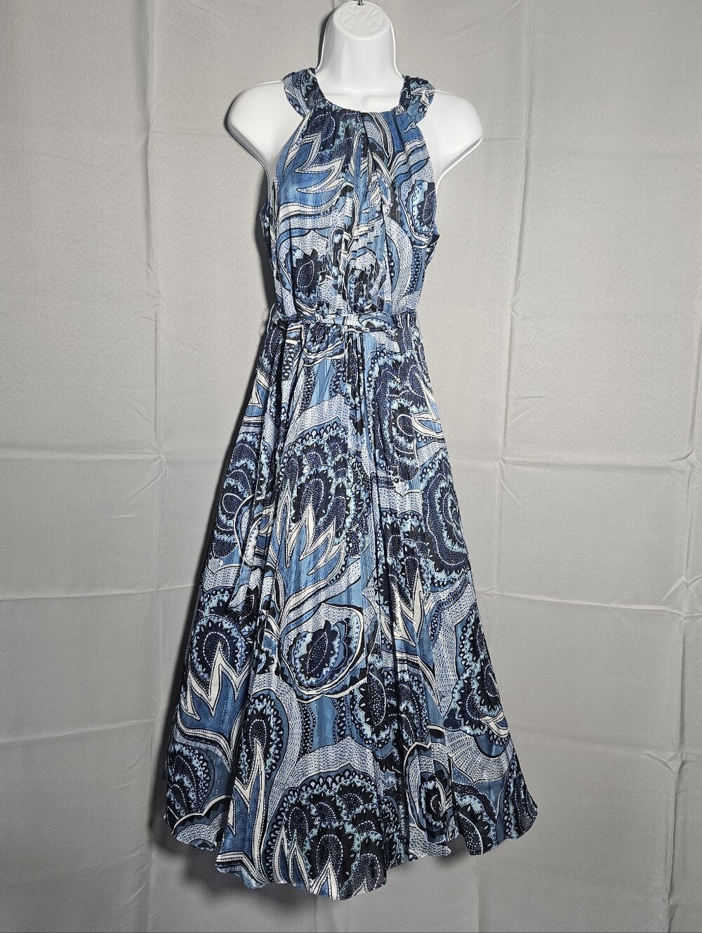 Karen Millen Paisley Flowy Classic Cocktail Blue Halter Wedding Guest Maxi S 4